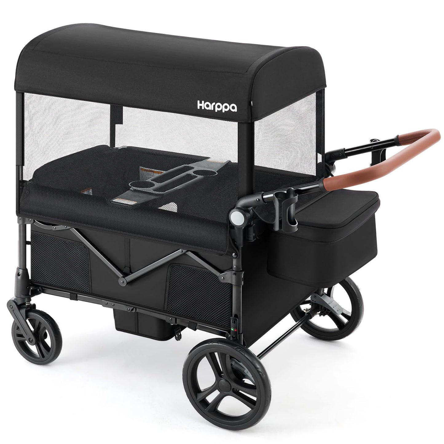 HARPPA Foldable Wagon for Kids, 4 Seater Stroller Wagon with Mosquito Net, Canopy UPF50+, All-Terrain Wheels, Adjustable Handle, One-Button Fold Easy Store for Baby Toddler Multi-Child Families Black