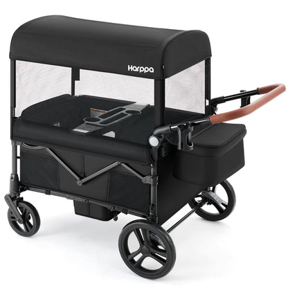 HARPPA Foldable Wagon for Kids, 4 Seater Stroller Wagon with Mosquito Net, Canopy UPF50+, All-Terrain Wheels, Adjustable Handle, One-Button Fold Easy Store for Baby Toddler Multi-Child Families Black