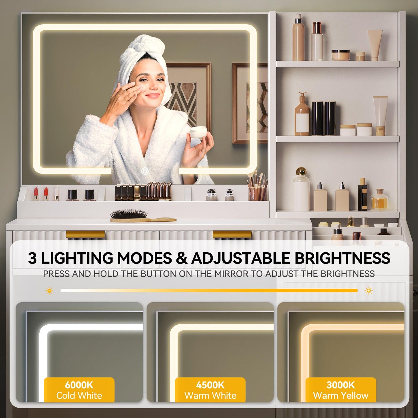YITAHOME Large Makeup Vanity Desk with Mirror and Lights, Fluted Vanity Table with 2 Drawers & Adjustable Shelves, Makeup Mirror in 3 Modes Lighting, Dressing Table Set w/Charging Station, White