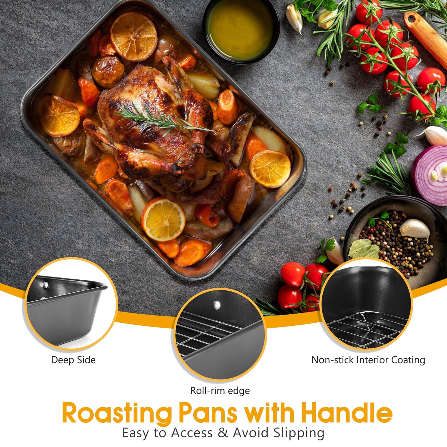 Roasting Pan with Rack, 15.75x11.02’’ Baking Pan for Oven with Rack & Silicon Hand Clip & Oilbrush, Heavy Duty Dishwasher Safe Rectangular Lasagna Pan with Handle for Turkey, Dark Grey