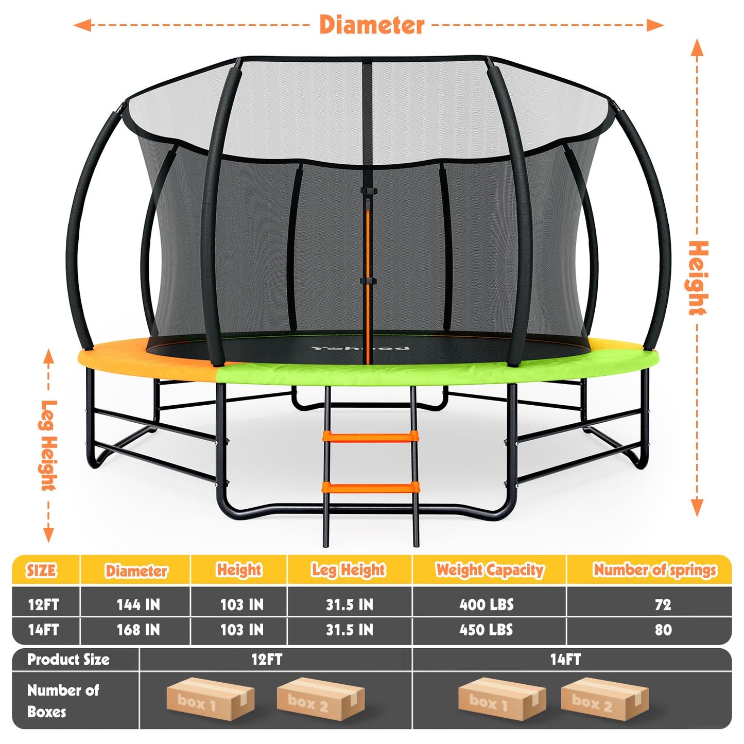 Yohood Trampoline Outdoor 12FT 14FT, Recreational Trampolines with Enclosure Net and Ladder, ASTM Approved for Kids and Adults, with Additional 8 Stabilizer Bars and Anti-Rust Coated Galvanized Frame