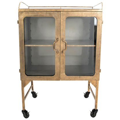 Creative Co-Op Vintage Metal Bar Cabinet with Glass Doors and Wheels, Antique Brass