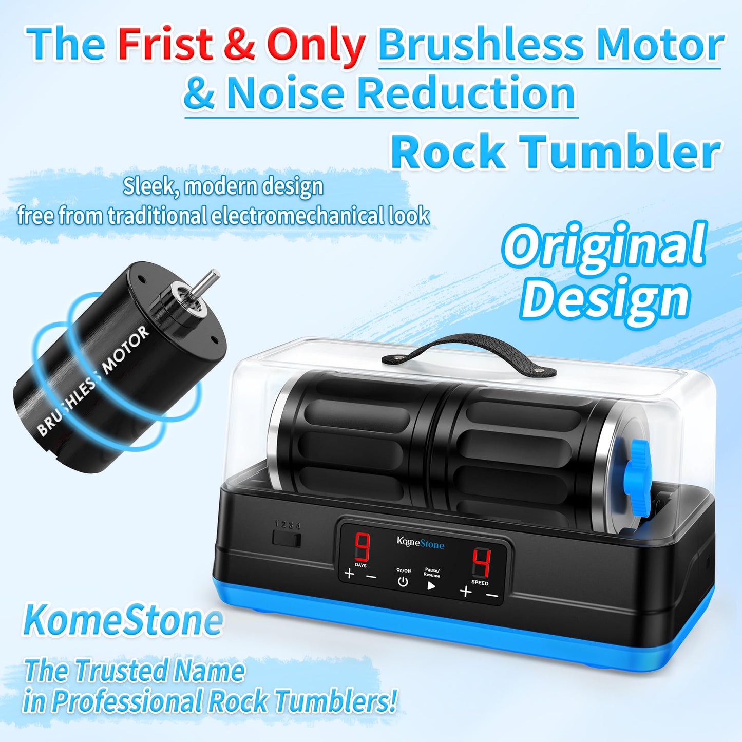 KomeStone Ultra Quiet Brushless Rock Tumbler Kit – 7LB Dual-Barrel Capacity with Noise-Canceling Cover, 4-Speed Control & 9-Day Timer, Full Accessories Included, Professional Rock Polisher for Adults