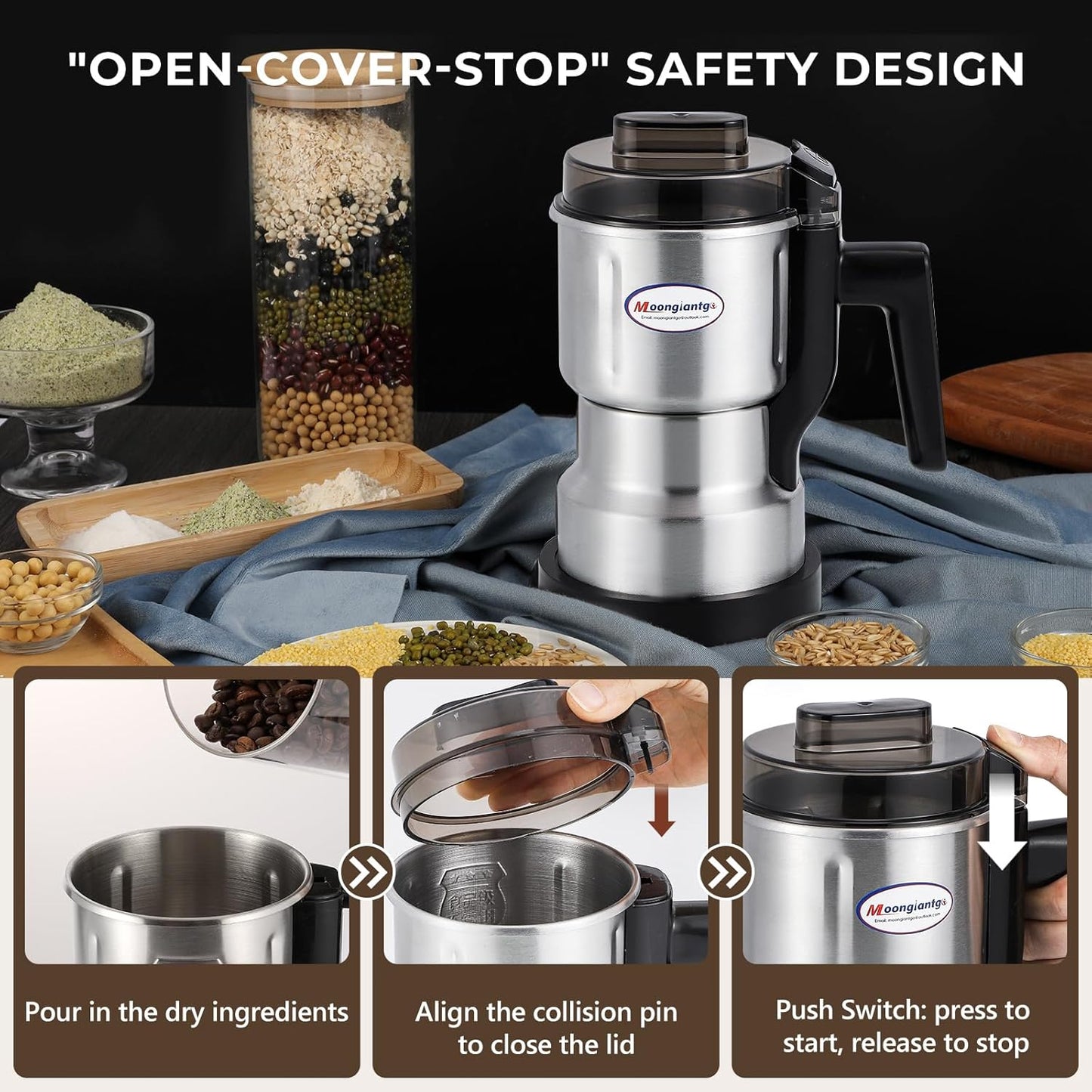 Moongiantgo Coffee Grinder Electric, 250W Mini Spice Grain Mill, 200ml Capacity for Spices, Seeds, Rice, Beans