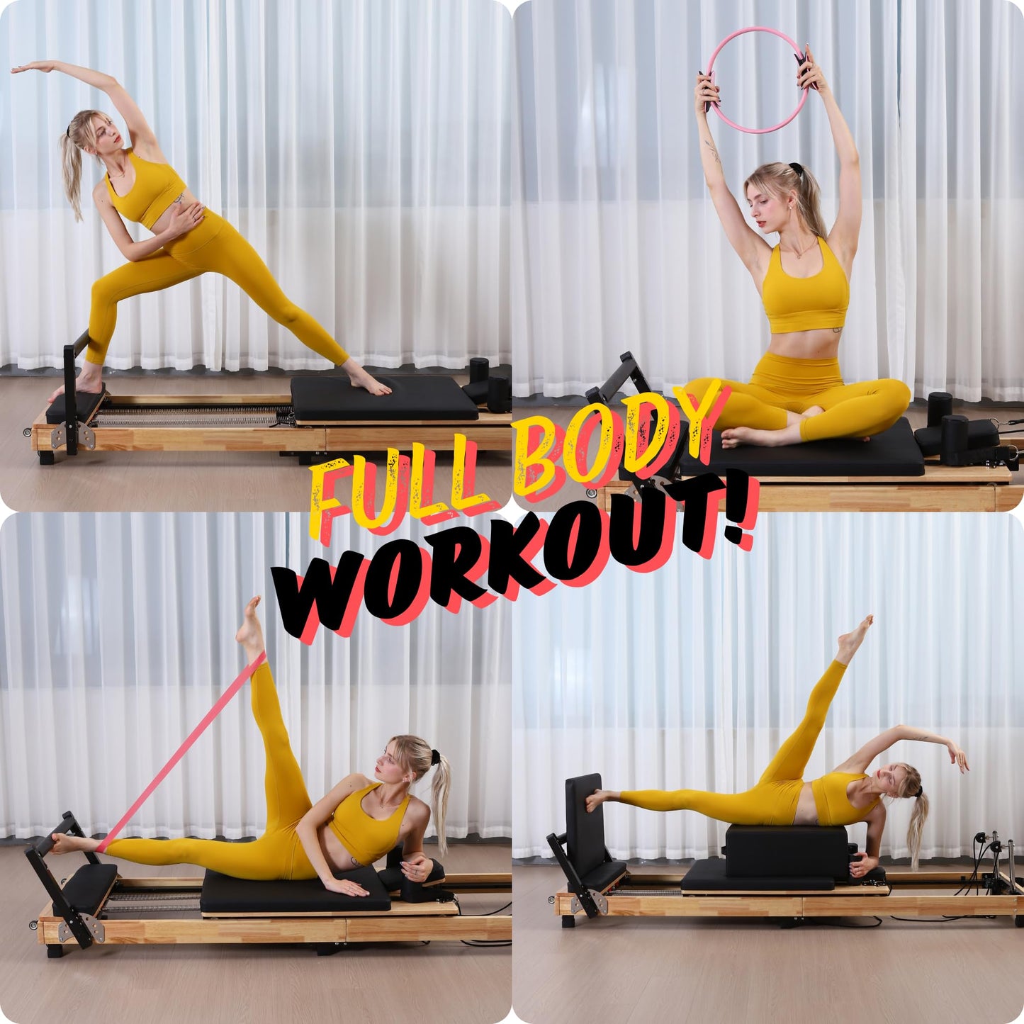 BIOCOR MAX4.0 Pilates Reformer, Wood Pilates Machine with Pilates Ring, Yoga Bands & Jumpboard, High-Resistance Springs, Foldable Pilates Equipment for Home Workouts up to 800 lbs Weight Capacity