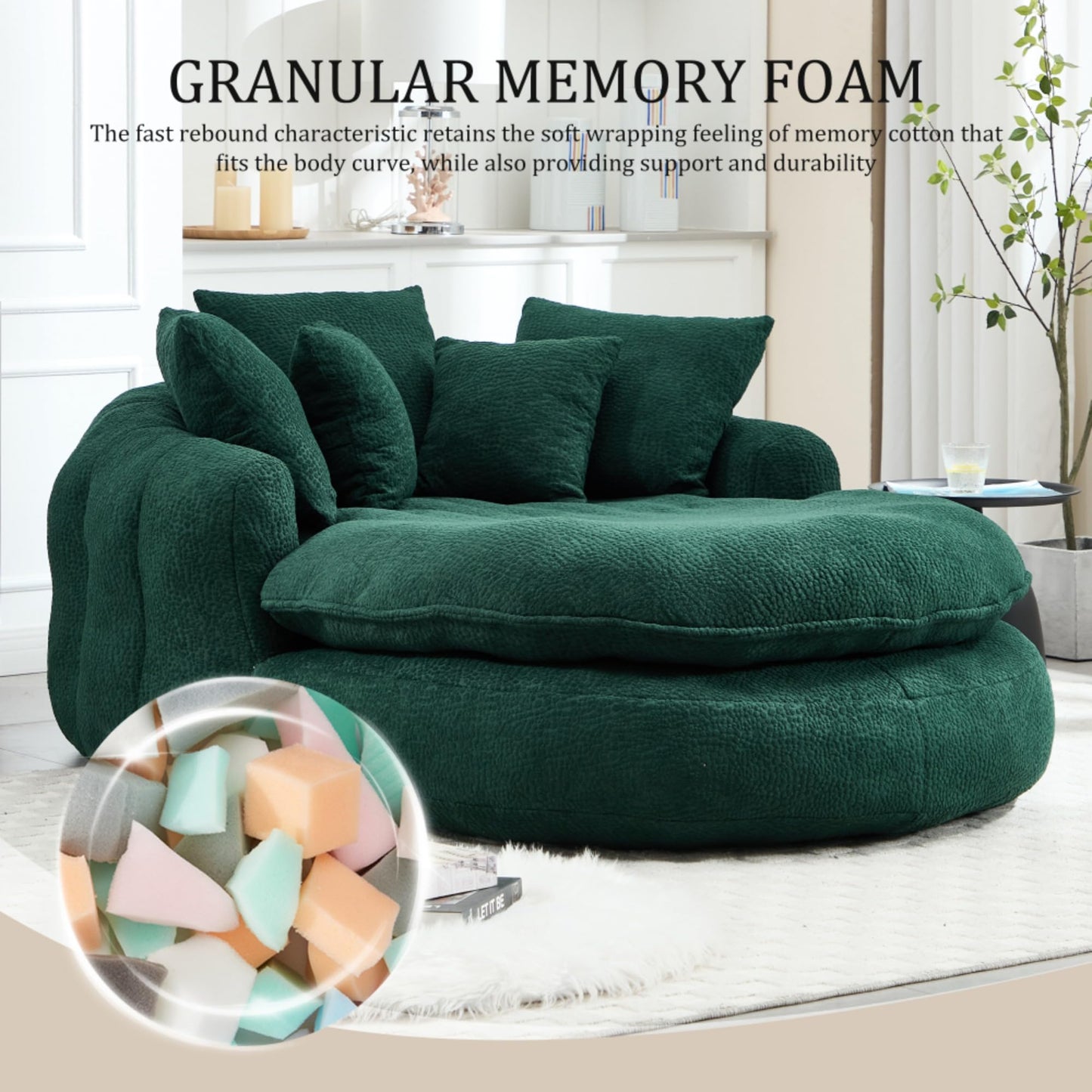 WEALTHOUSE Oversized Oval Floor Sofa Lounger with Pillows Ergonomic Wrap Around Backrest Chenille Fabric Memory Foam Filled Lazy Chair for Adults Living Room (Emerald)