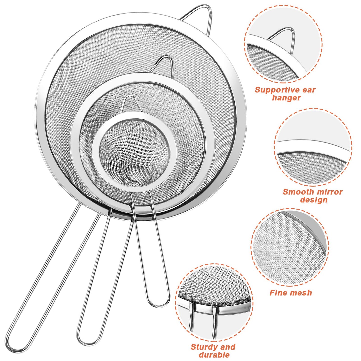 3Pcs Super Wire Extra Fine Mesh Strainer with Handle, Small Medium Large Size Sifter Metal Strainer Set, Stainless Steel Sieve Fine Mesh Strainers for Kitchen Rice Juice Quinoa Food Flour Baking YLYL