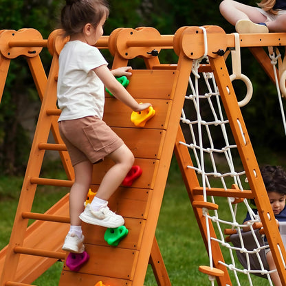 Avenlur 8-in-1 Small Indoor/Outdoor Playset – Foldable Wooden Kids Play Set for Backyard – Kid Playground for Toddlers Age 2–6 with Slide, Monkey Bars, 2 Ladders, 2 Swings, Rock Climbing, Gym Rings