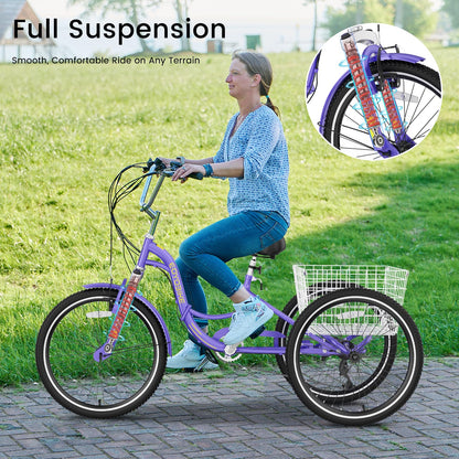 EOYOBIKE Adult Folding Tricycle, 7-Speed 3-Wheel Cruiser Bike with Low Step-Through Frame, Large Rear Basket, Adjustable Seat, 20/24/26 Inch Options