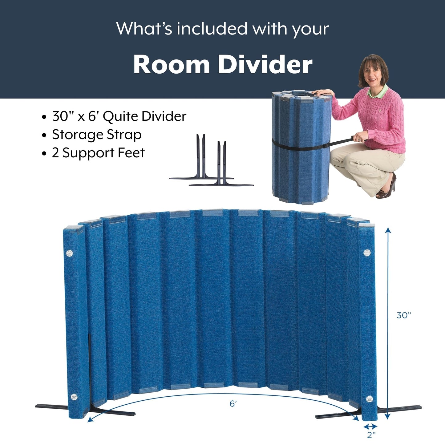 Angeles 30" x 6' Quiet Divider With Sound Dampening Panels, Freestanding Room Divider Wall, Blue