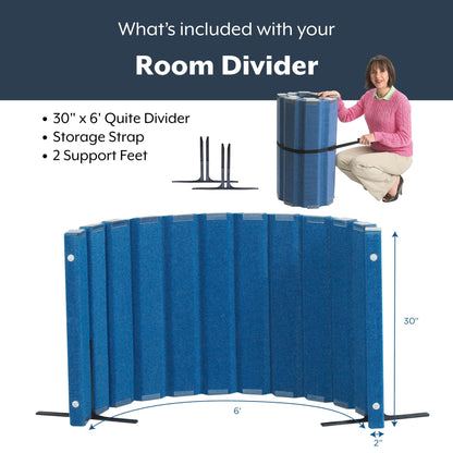 Angeles 30" x 6' Quiet Divider With Sound Dampening Panels, Freestanding Room Divider Wall, Blue