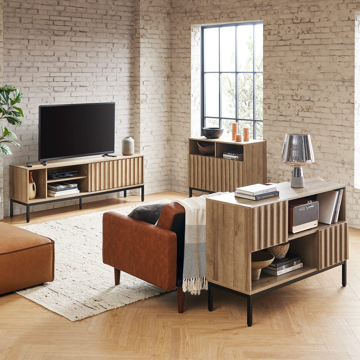 mopio Norwin TV Stand, Rustic Modern Industrial Television Stand for 60/65/70 inch TV, Fluted Entertainment Center with Storage, Wood Media Console Credenza Cabinet Table (Oak 64" TV Stand)
