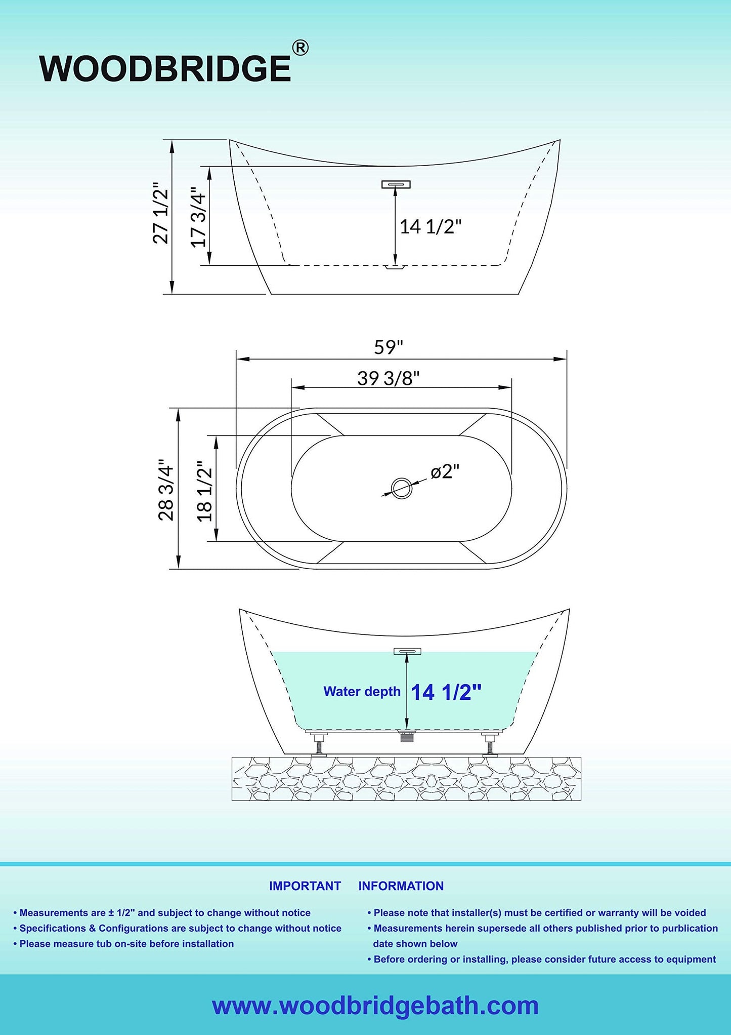 WOODBRIDGE 59" Acrylic Freestanding Bathtub Contemporary Soaking White Tub with Matte Black Overflow and Drain，BTA1516 -MB-Drain &O+ Pillow