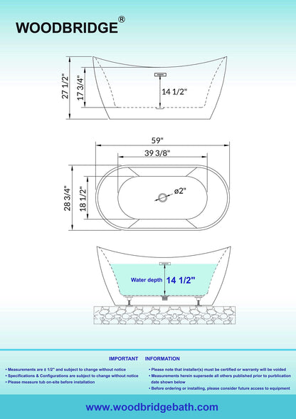 WOODBRIDGE 59" Acrylic Freestanding Bathtub Contemporary Soaking White Tub with Matte Black Overflow and Drain，BTA1516 -MB-Drain &O+ Pillow