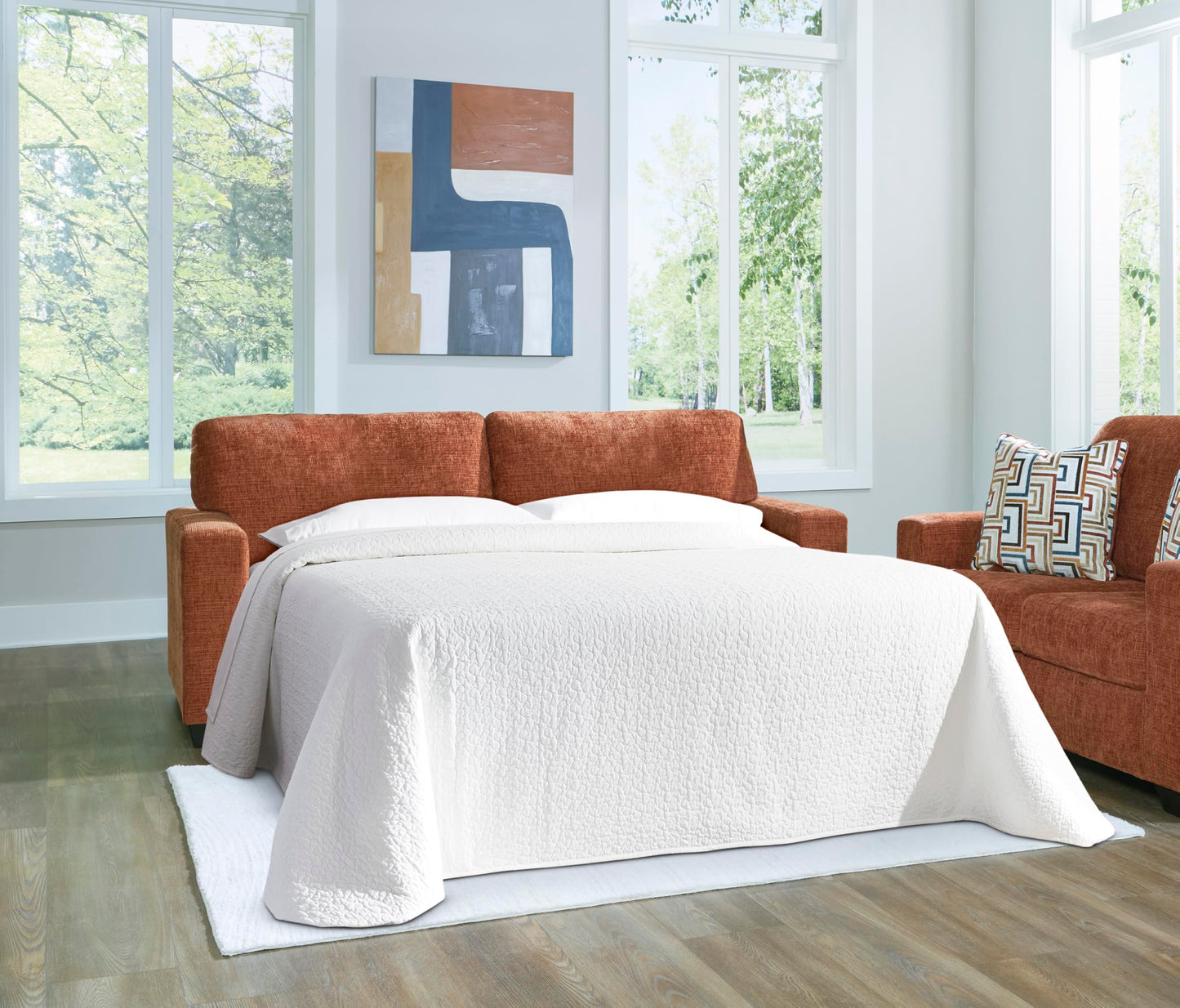 Signature Design by Ashley Aviemore Contemporary Sofa Sleeper with Folding Memory Foam Mattress and 2 Accent Pillows, Queen, Orange