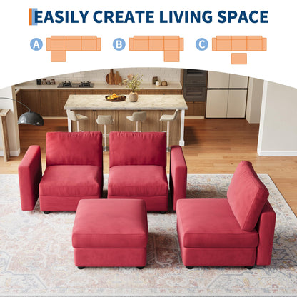 IDEALHOUSE 104" Modular Sectional Sofa, 4 Seater Sectional Couch, L-Shape Modern Sofa with Ottoman, Deep Seat, Oversized Convertible Modular Couch for Living Room Apartment Office, Chenille, Red