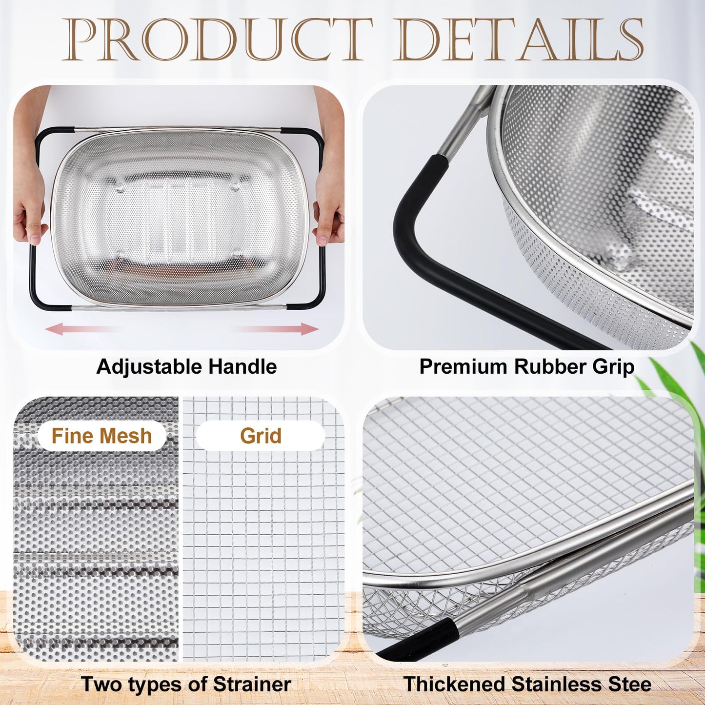 Tioncy 2 Pcs Large Over The Sink Colander, 6 Quart Stainless Steel Colander with Fine Mesh or Grid, Strainer Basket with Expandable Rubber Handles, Strain, Drain, Rinse Vegetable Fruit for Kitchen