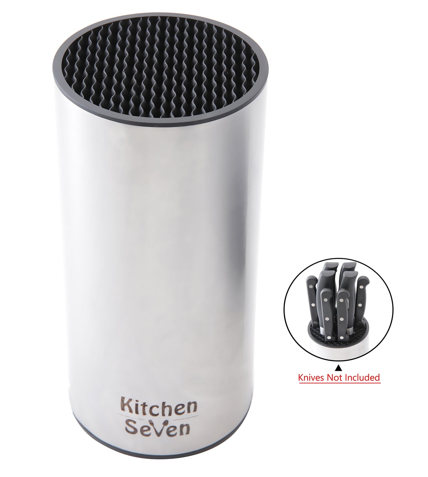 Kitchen Seven Universal Knife Block - Stainless Steel Kitchen Knife Holder Without Knives - Round Space -Saver Knife Storage Stand safely stores knives while keeping blades clean and sharp