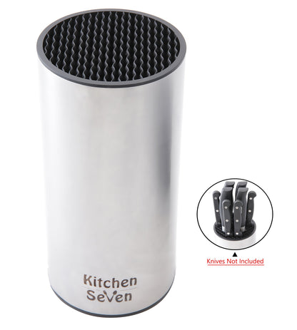 Kitchen Seven Universal Knife Block - Stainless Steel Kitchen Knife Holder Without Knives - Round Space -Saver Knife Storage Stand safely stores knives while keeping blades clean and sharp