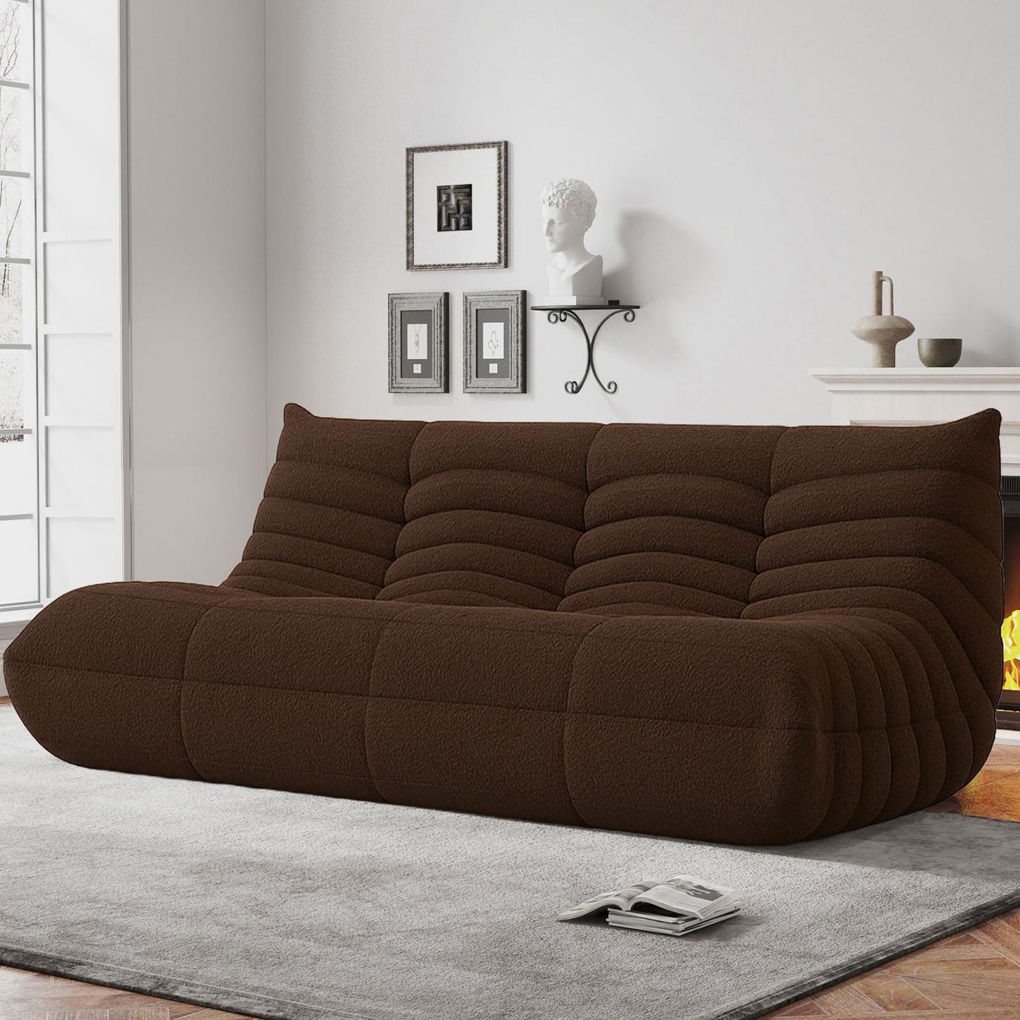 WHGBJA Bean Bag Chairs for Adults, BeanBag Reading Chair Memory Foam Couch 3-Seater, Floor Chair Soft Teddy Material, Comfy Reading Nook Chairs for Bedroom Living Room Office (Coffee)