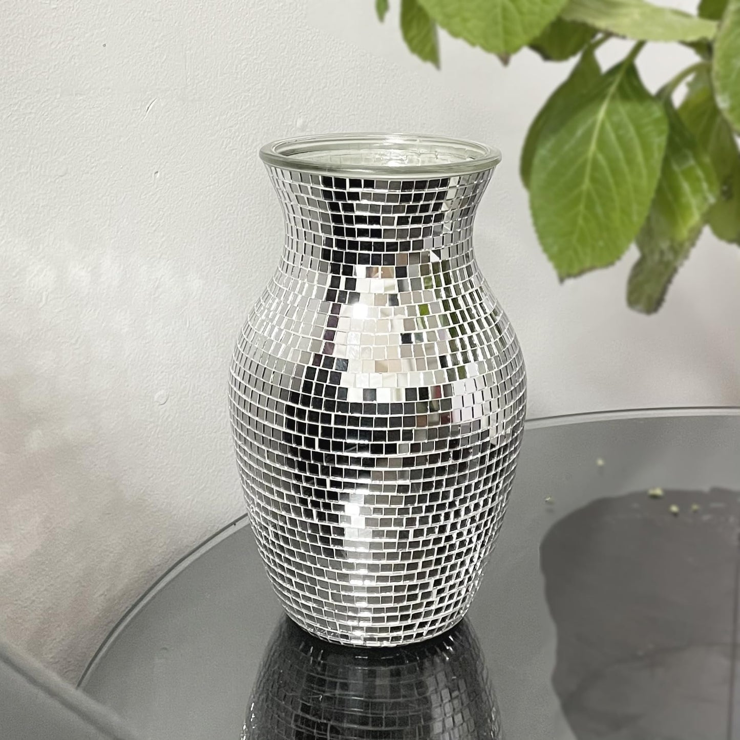 SOUJOY Disco Vase, Silver Mosaic Mirror Vase for Centerpiece, Handmade Glass Bud Vase for Wedding Flower Arrangeme, Living Room, Kitchen, Home Decor