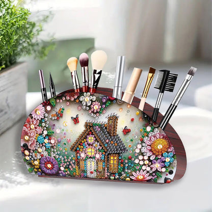 ARTopet Diamond Art Painting Multi-grid Storage Box DIY Wooden Moon Fan-Shaped Tabletop Organizer Double Sided Drill Makeup Brush Organizer for Women Office Home Ornament-House