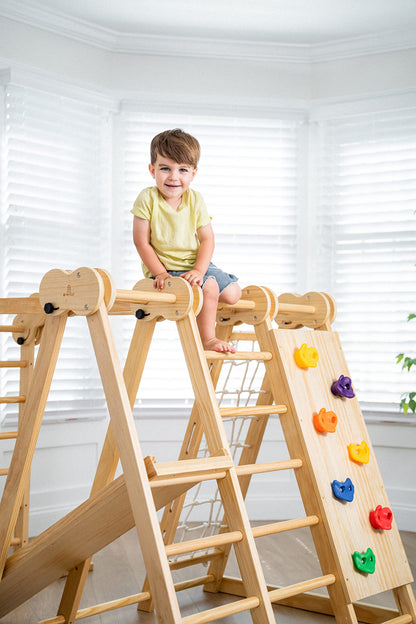 Avenlur 7-in-1 Indoor Playset for Kids 2-6 with Slide, Climbing Wall, Ladder, Net, Bars, Swing, Ring - USA
