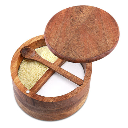 RAETTER.LY Acacia Wood Salt and Pepper Bowl, Nature Wood Salt Cellar and Spices Storage Box With Built-in Spoon and Magnetic Swivel Lid (Two Compartments 12 oz)