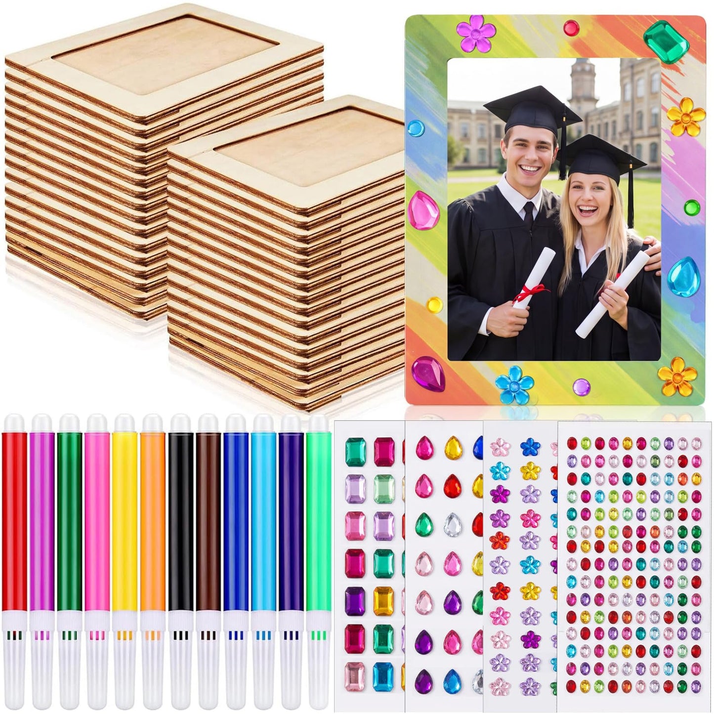 Zonon Picture Frame Painting Craft Kit Wooden Picture Frames for 4 x 6 Photo with 12 Painting Color Pens, 4 Diamond Sticker Sheets for Graduation Home for DIY Craft(8 Pieces)