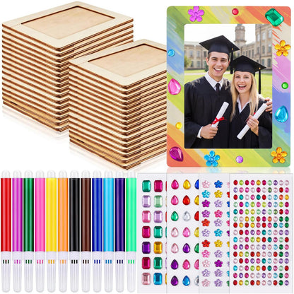 Zonon Picture Frame Painting Craft Kit Wooden Picture Frames for 4 x 6 Photo with 12 Painting Color Pens, 4 Diamond Sticker Sheets for Graduation Home for DIY Craft(8 Pieces)