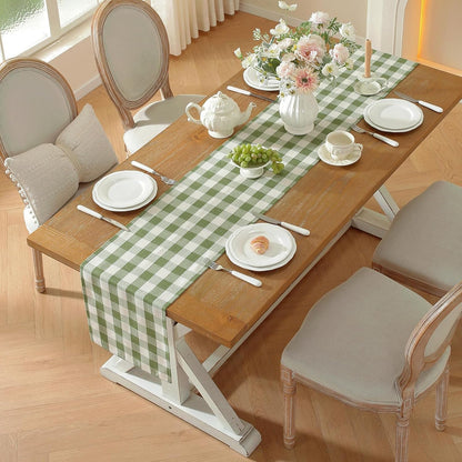 13x108 Inches Laolitou Spring Green Checkered Table Runner, Cotton Linen Gingham Table Runners, Classic Buffalo Plaid