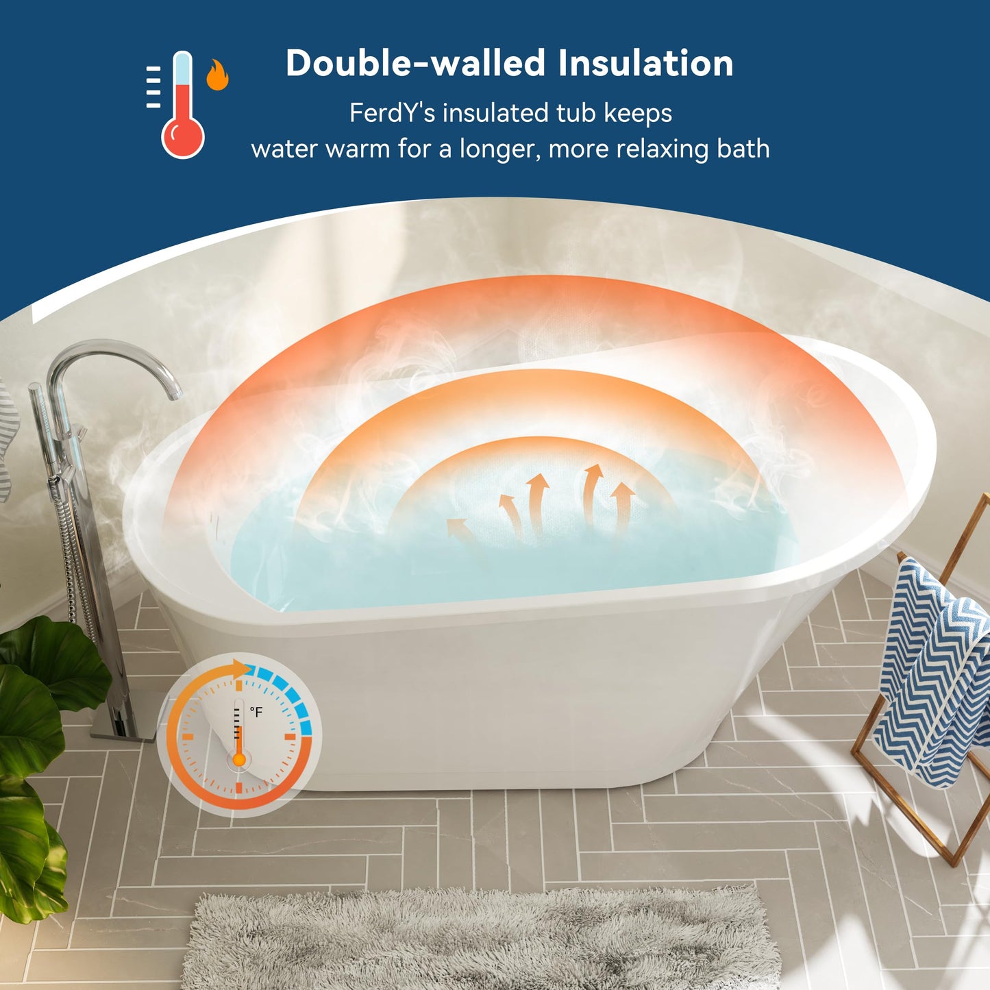 FerdY Langkawi 59" Acrylic Freestanding Bathtub, White Modern Stand Alone Soaking Bathtub, cUPC Certified, Brushed Nickel Drain and Minimalist Linear Design Overflow Included, Easy to Install