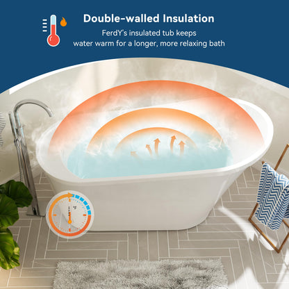 FerdY Langkawi 59" Acrylic Freestanding Bathtub, White Modern Stand Alone Soaking Bathtub, cUPC Certified, Brushed Nickel Drain and Minimalist Linear Design Overflow Included, Easy to Install