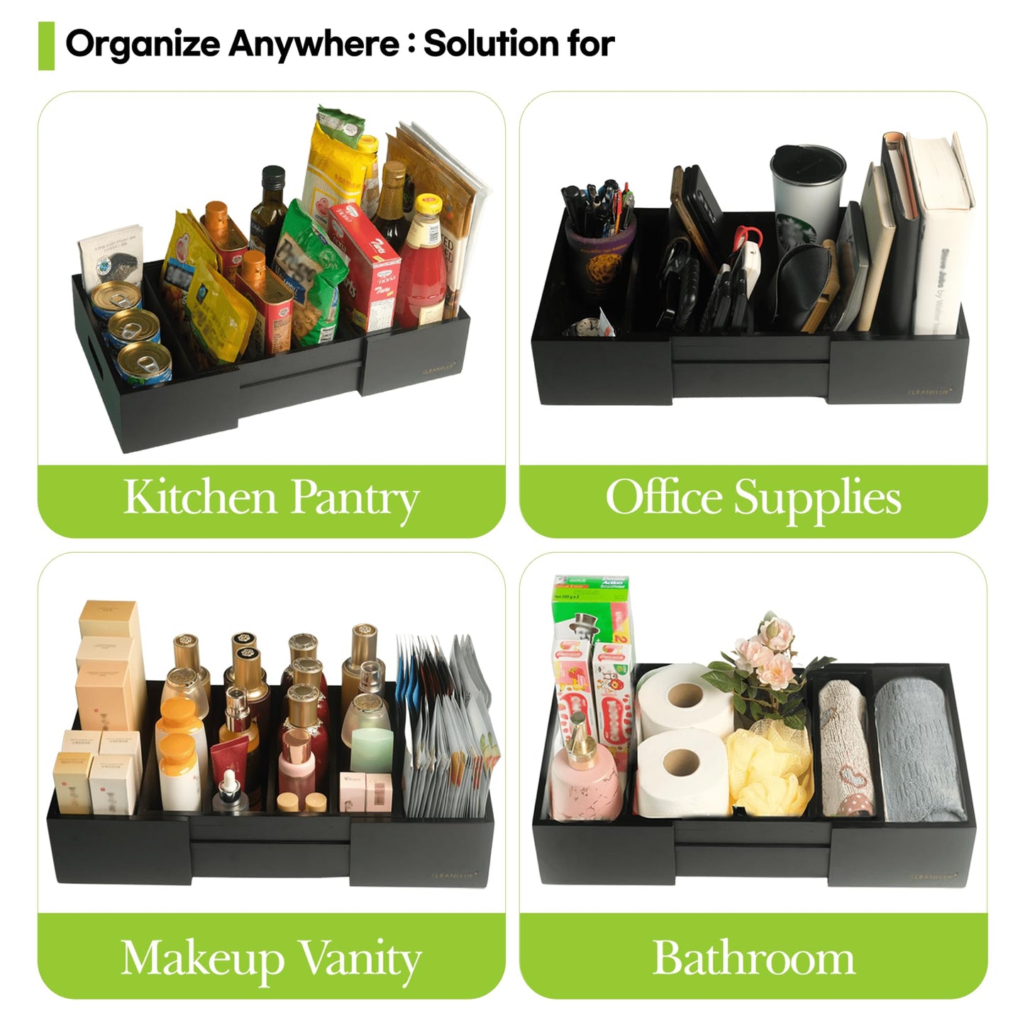 CLEANCLUE Expandable Kitchen Cabinet Organizer for Food Storage Container Lids, Bamboo Drawer Caddy Adjustable Dividers, Box for Kitchen Storage and Organization, Lids Organizer for Cabinet (Black)