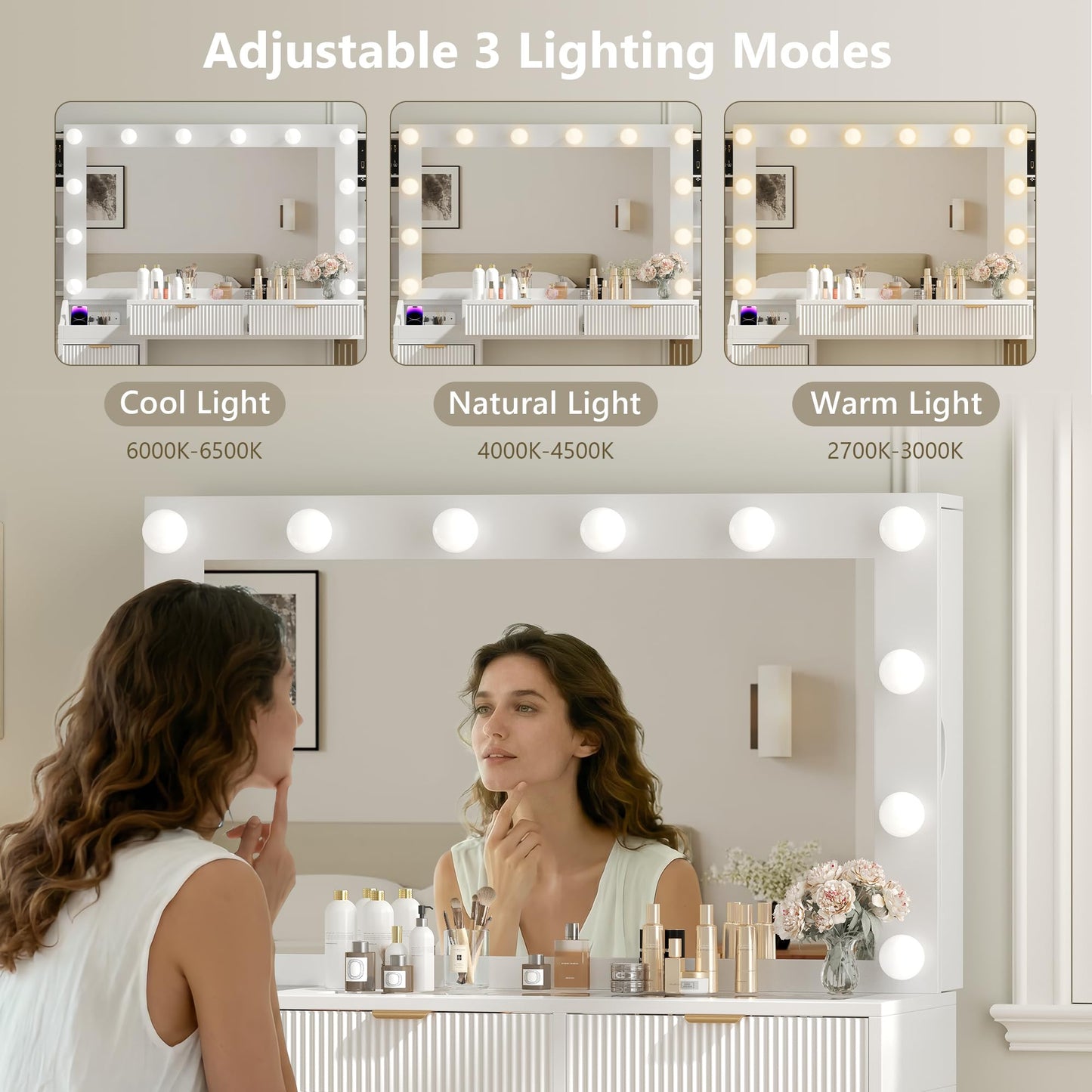 Feonase Vanity Desk, White 43'' Large Makeup Vanity Desk with Mirror and 12 Lights, 3 Color Modes, Glass Top Makeup Table with 6 Drawers and 2 Side Cabinets, Built in Charging Station