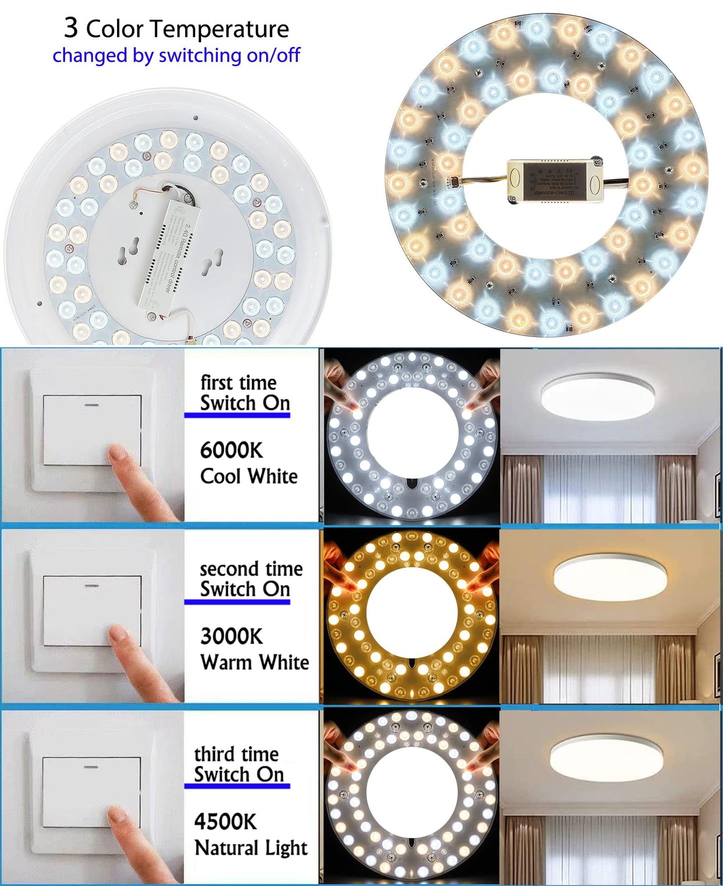 OLYMSTAR 36W 3 Color Temperature LED Flush Mount Ceiling Fan Light Kit Replacement LED Light Board Panel,Retrofit LED Light Engine