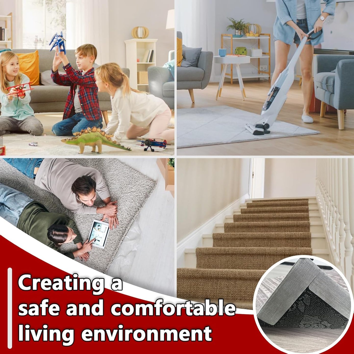 Rug Carpet Non Slip Grippers, 24Pcs Large Carpet Tape Pads, Reusable Strong Adhesive for Floor
