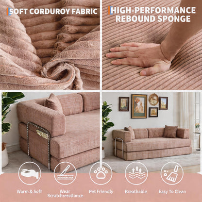 5-in-1 Convertible Sofa Bed Sleeper, 79" Corduroy Floor Couch with 4 Pillows, Boneless Deep Seat Futon Mattress, No Assembly, Modern Lounge Sofa for Living Room, Apartment, Small Spaces, Dark Gray