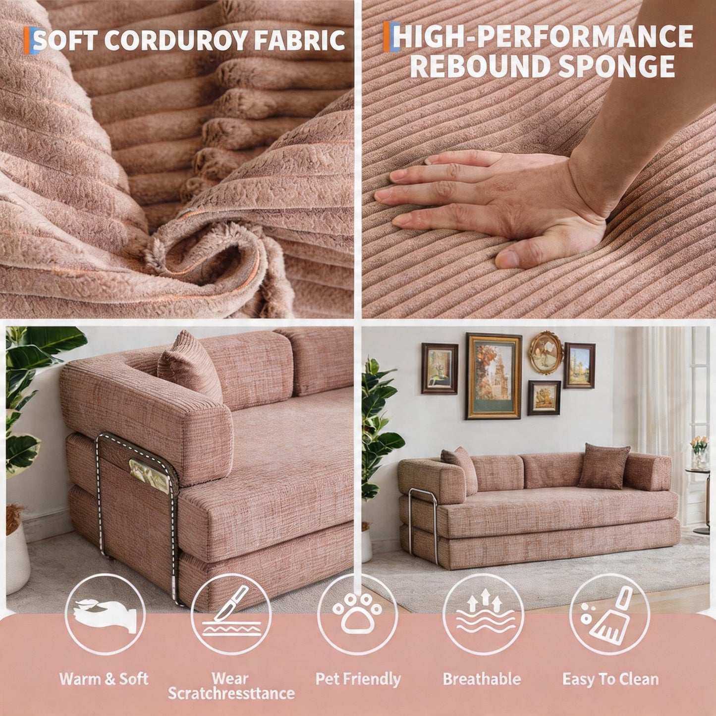 5-in-1 Convertible Sofa Bed Sleeper, 79" Corduroy Floor Couch with 4 Pillows, Boneless Deep Seat Futon Mattress, No Assembly, Modern Lounge Sofa for Living Room, Apartment, Small Spaces, Pink
