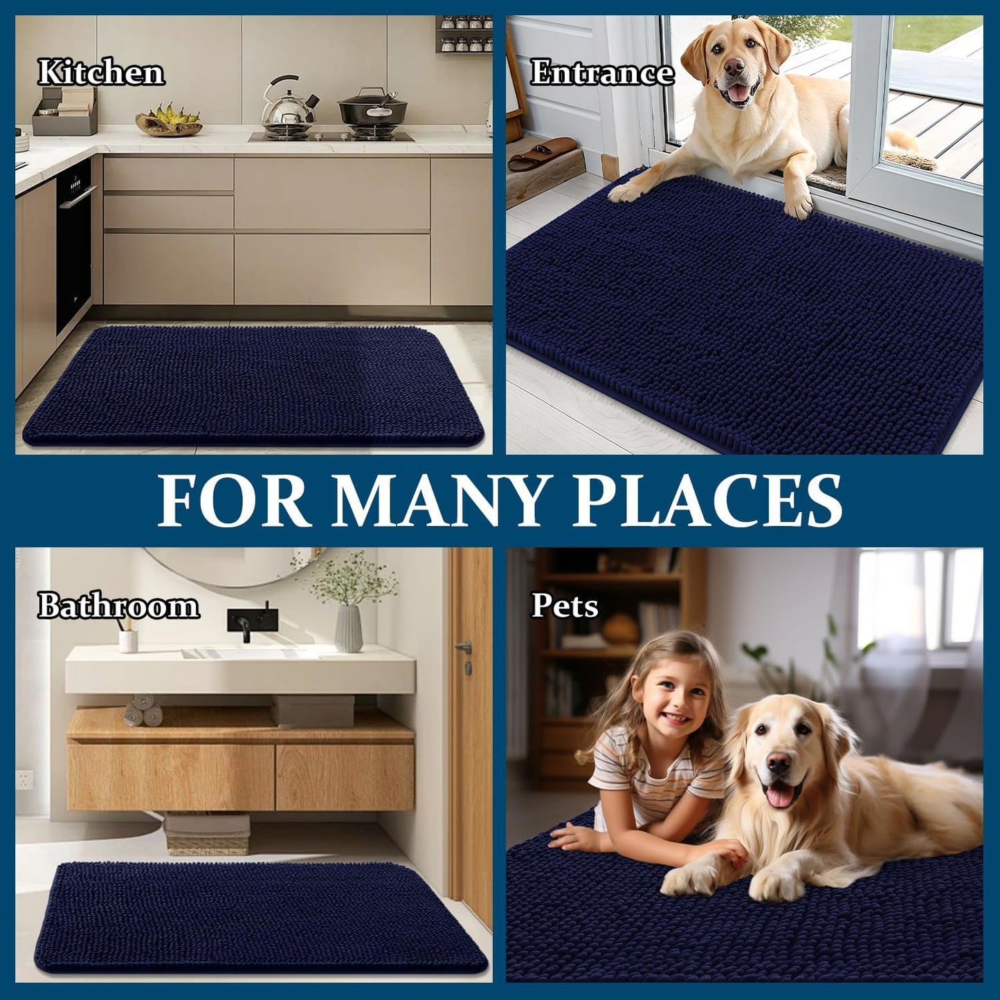 OLANLY Dog Door Mat - Absorbent Non-Slip Mud Mat for Indoor Use | 47"x20", Navy Blue, Quick Dry Chenille