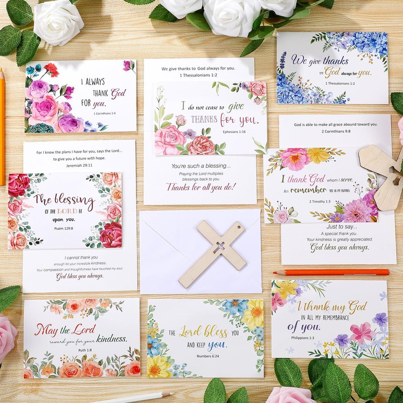 Affrolling 50 Pack Spring Religious Christian Thank You Cards Bulk with Scripture Envelopes Stickers Bible Verse Greeting Cards Encouragement Inspirational Baptism Notes 4x6 Inch, Watercolor Flower