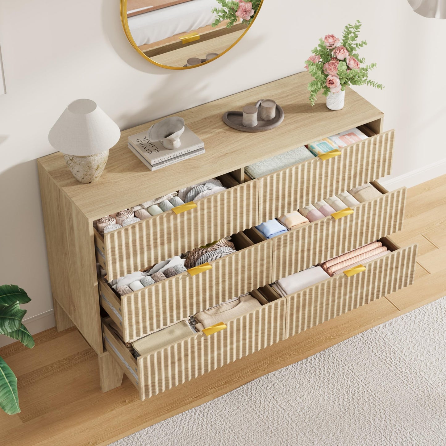 IDEALHOUSE 6 Drawer Dresser for Bedroom, 47" Wide Modern Fluted Dresser with Gold Metal Handles, Chest of Drawers for Bedroom, Living Room, Entryway, Hallway, Oak