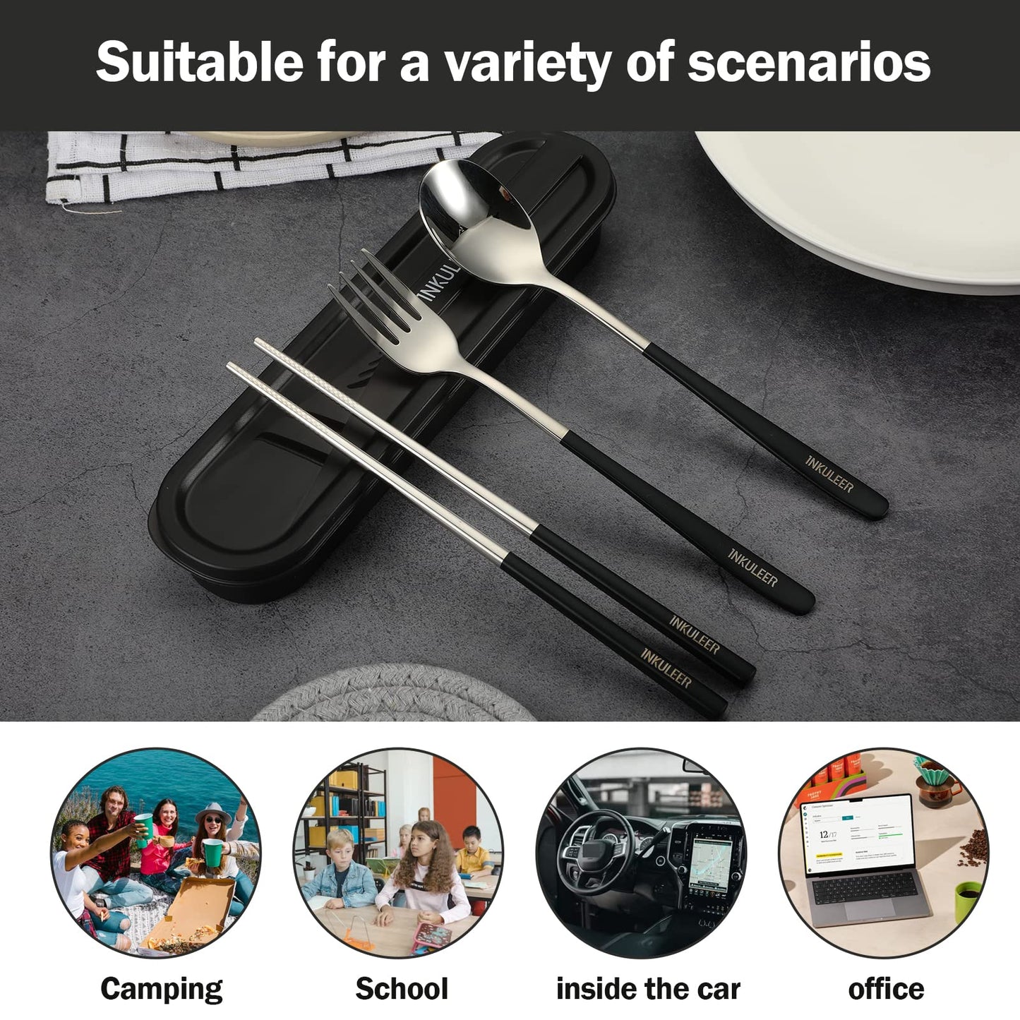 Travel cutlery set, 18/8 stainless steel cutlery, Reusable utensils set with case, Portable Silverware Lunch Box for Camping and Office (Black/knife set)