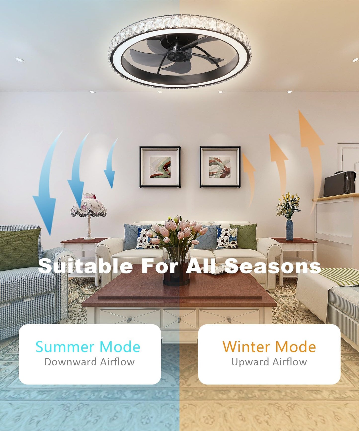 Aipsun Low Profile Modern Crystal Chandelier Ceiling Fans with Lights and Remote, 3000K-6500K Smart Bladeless LED Fan Light, 22" Black Modern Ceiling Fans with Lights for Bedroom