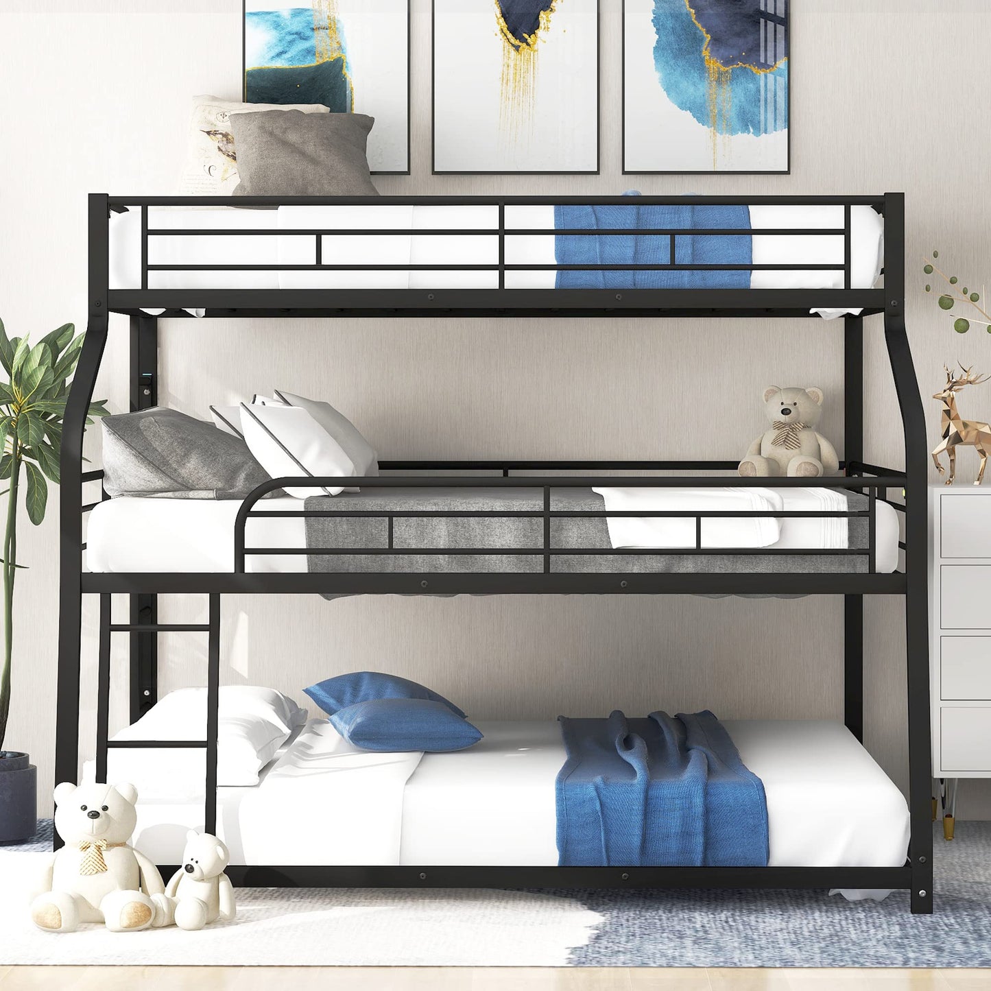Bellemave Heavy Duty Triple Bunk Bed for Multiple Kids,Twin XL Over Full XL Over Queen Size Triple Bunk Bed with Long and Short Ladder for 3 Kids,Unique Curved Metal Frame,Black