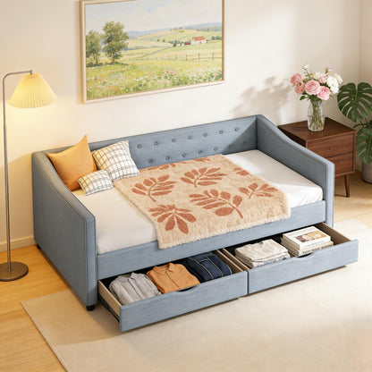 FAVSH Twin Size Daybed with Drawers,Linen Fabric Day beds w/Storage & Button on Back and Piping on Waved Shape Arms,Upholstered Tufted Sofa Bed for Living Room, Bedroom, and Guest Room,Light Grey