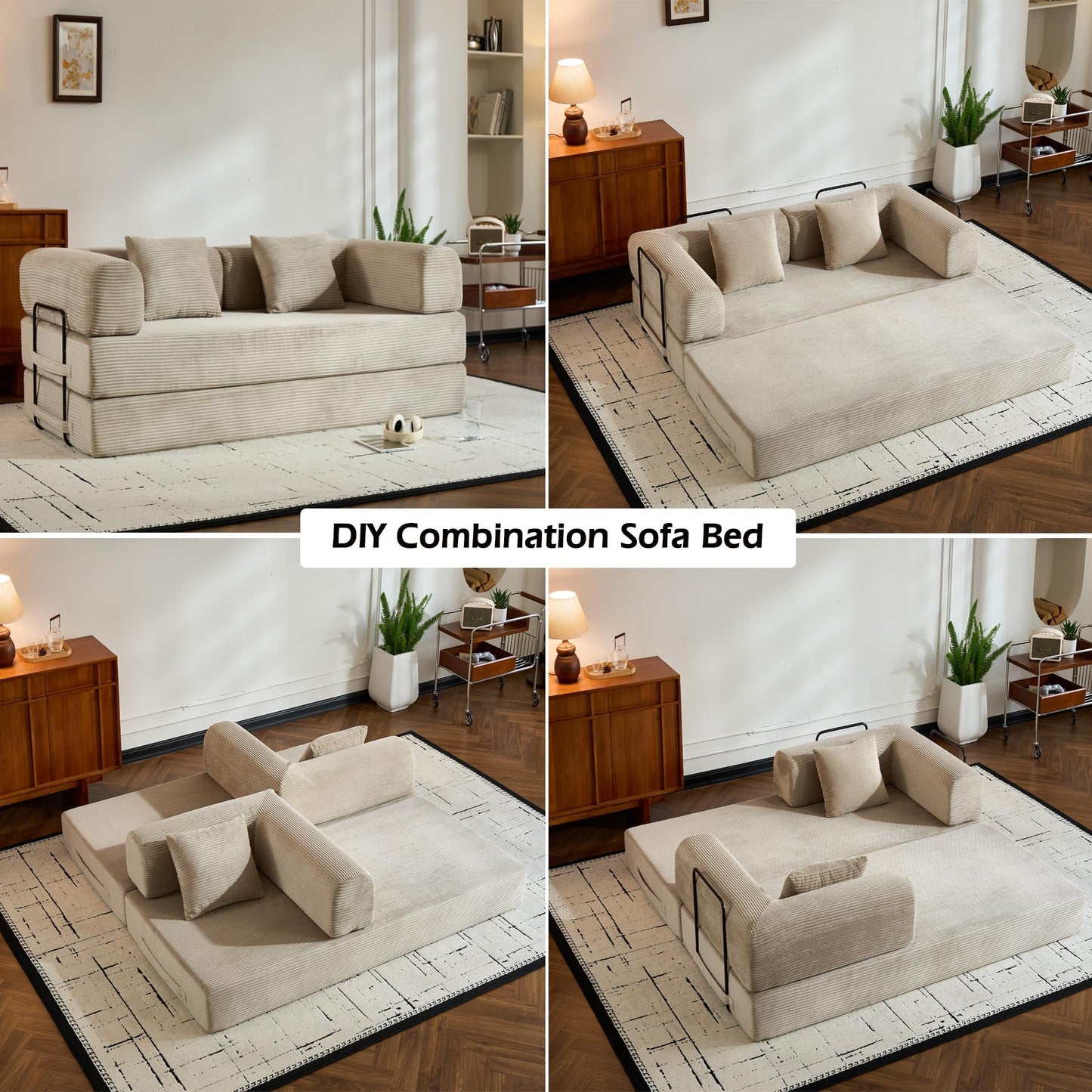 KEIKI Convertible Sleeper Sofa Bed with Cylindrical Pillow, Corduroy Folding Mattress Couch with Sturdy Frame, 4-in-1 Floor Sofa Lounge Sleeper Bed for Living Room Bedroom, Beige