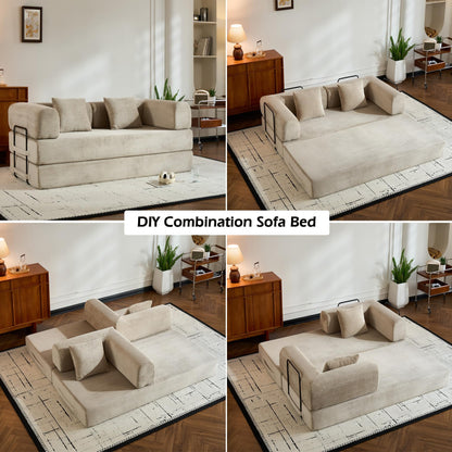 KEIKI Convertible Sleeper Sofa Bed with Cylindrical Pillow, Corduroy Folding Mattress Couch with Sturdy Frame, 4-in-1 Floor Sofa Lounge Sleeper Bed for Living Room Bedroom, Beige