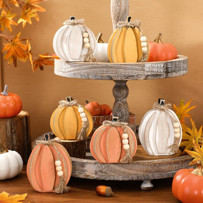 JarThenaAMCS 6 Pcs Fall Wooden Signs 3D Retro Pumpkin Wood Tabletop Signs with Hemp Rope Autumn Harvest Desktop Centerpiece for Thanksgiving Farmhouse Table Tiered Tray Home Kitchen Decor