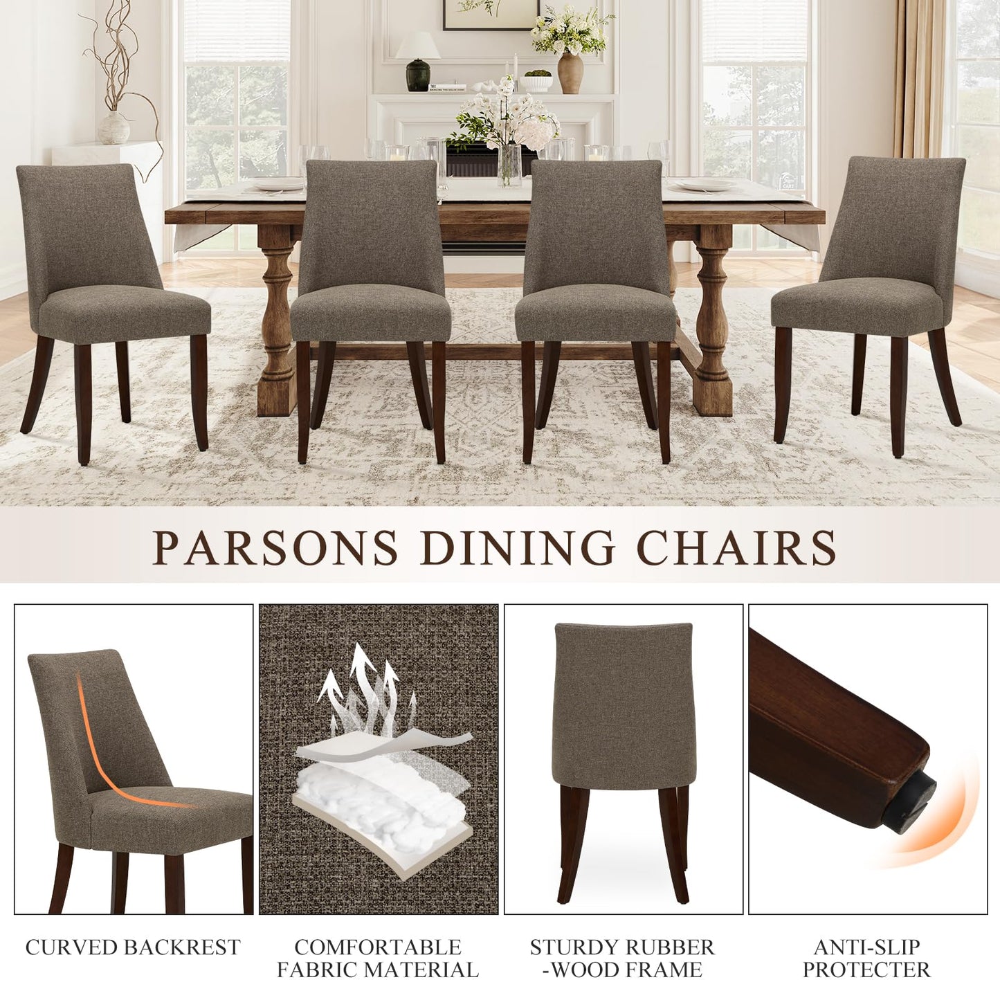COLAMY Upholstered Dining Chairs Set of 4, Mid Century Modern Kitchen Chairs with Back, Farmhouse Fabric Side Dining Room Chairs with Wood Legs for Dining Room Restaurant, Brown